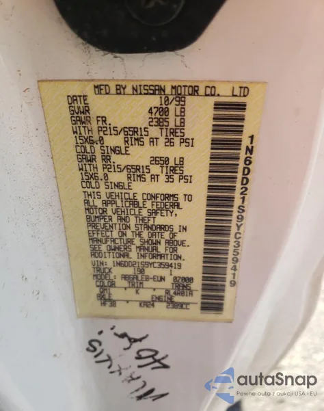 2000 Nissan Frontier Xe from USA, damaged, VIN 1N6DD21S9YC359419